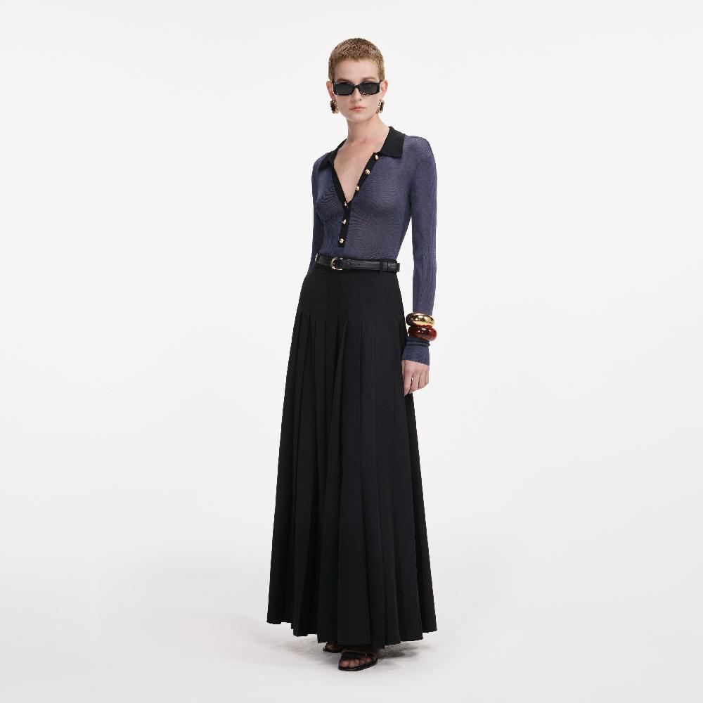 Self Portrait Black Pleated Twill Maxi Skirt CLOTHING