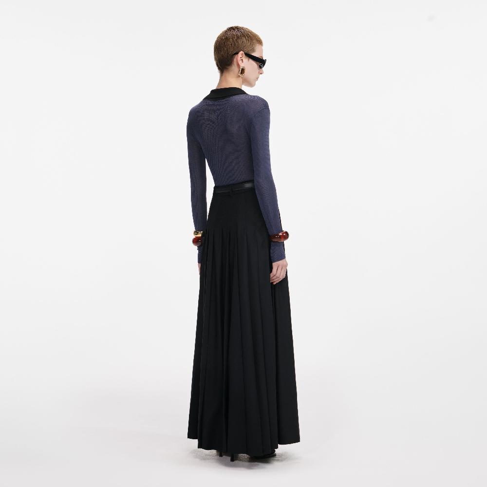 Self Portrait Black Pleated Twill Maxi Skirt CLOTHING