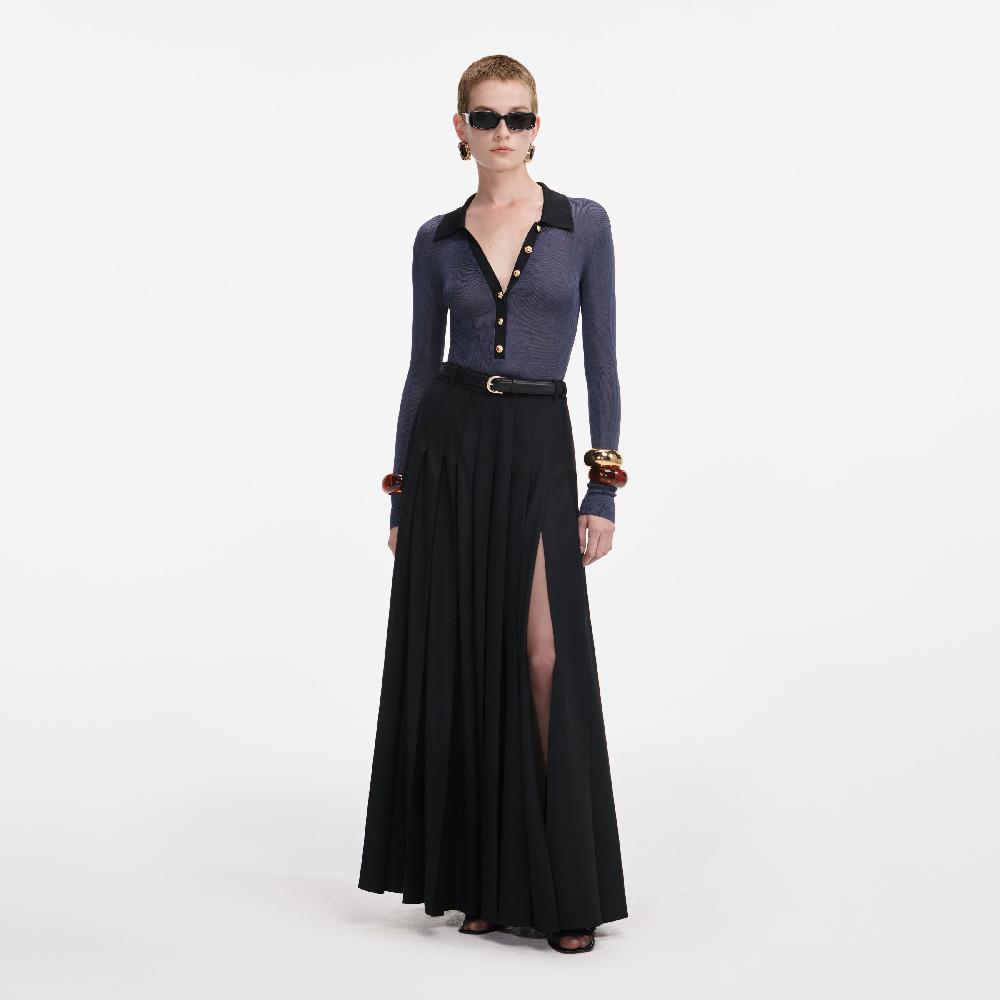 self portrait Black Pleated Twill Maxi Skirt CLOTHING