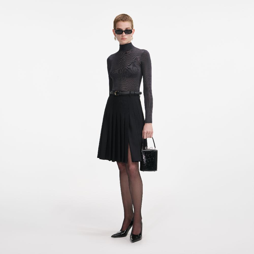 Self Portrait Black Pleated Twill Midi Skirt CLOTHING