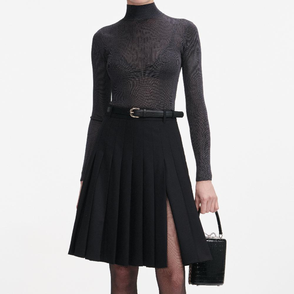 Self Portrait Black Pleated Twill Midi Skirt CLOTHING