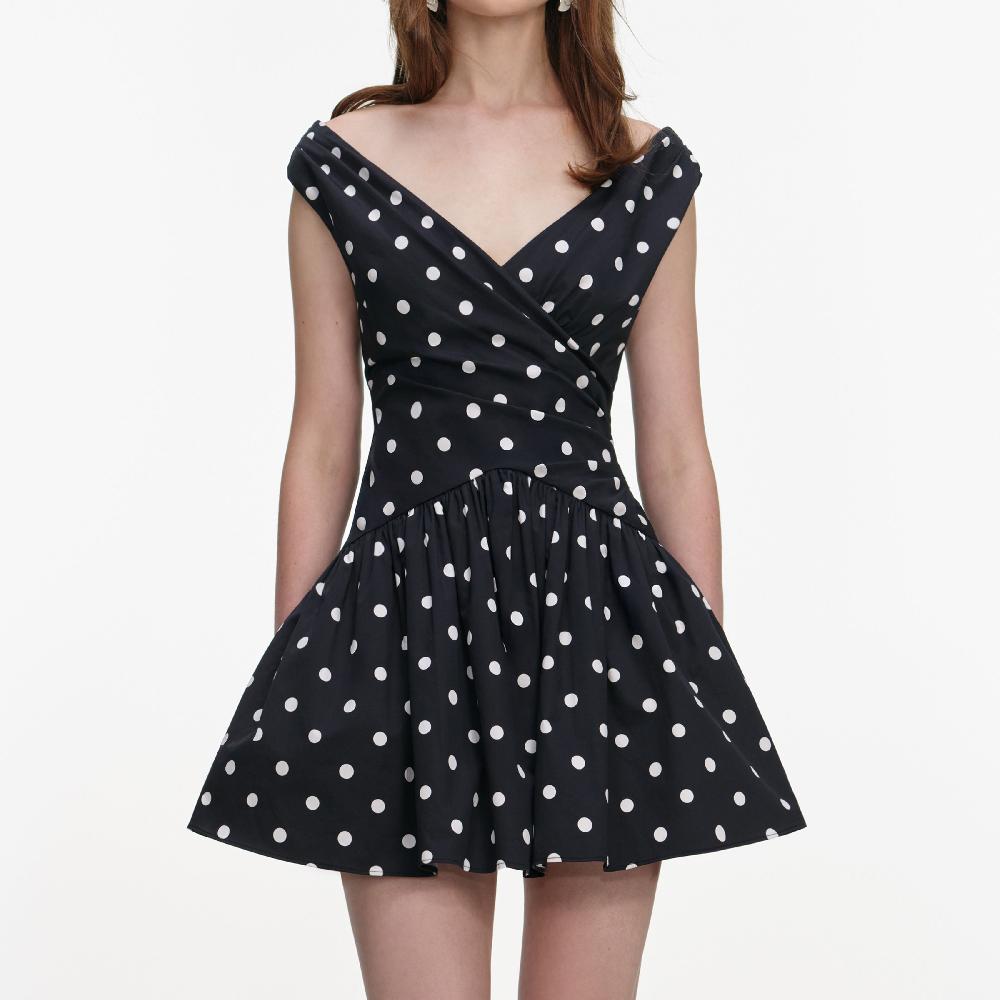 Self Portrait Black Polka Dot Cotton Mini Dress CLOTHING