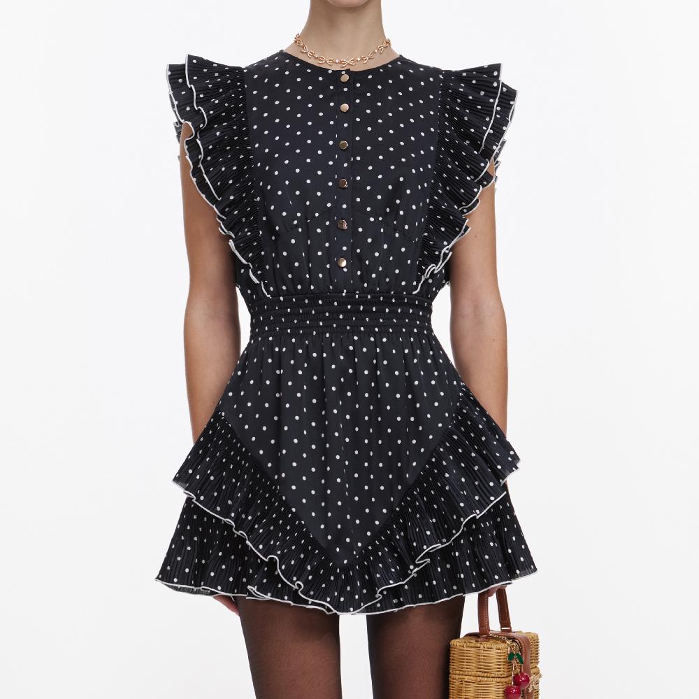 Self Portrait Black Polka Dot Frill Mini Dress CLOTHING