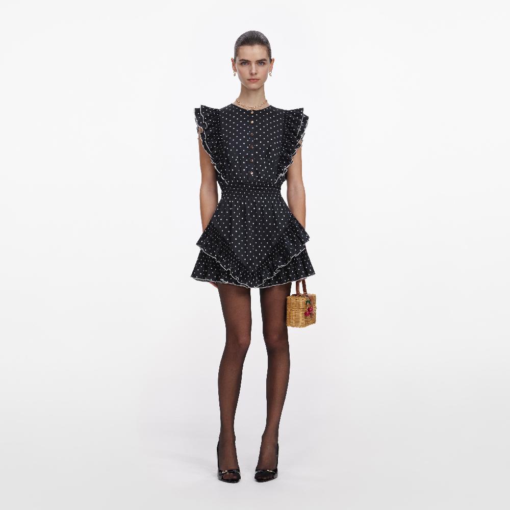self portrait Black Polka Dot Frill Mini Dress CLOTHING
