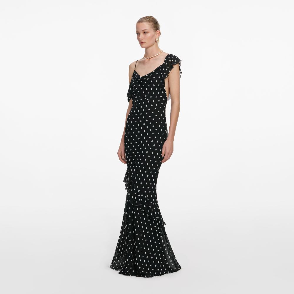 Self Portrait Black Polka Dot Georgette Maxi Dress CLOTHING