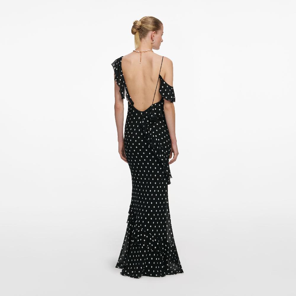 Self Portrait Black Polka Dot Georgette Maxi Dress CLOTHING