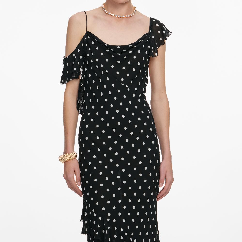 Self Portrait Black Polka Dot Georgette Maxi Dress CLOTHING