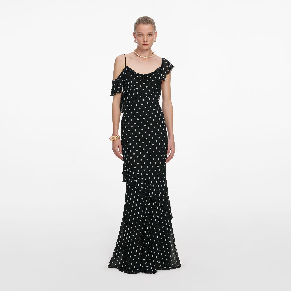 self portrait Black Polka Dot Georgette Maxi Dress CLOTHING