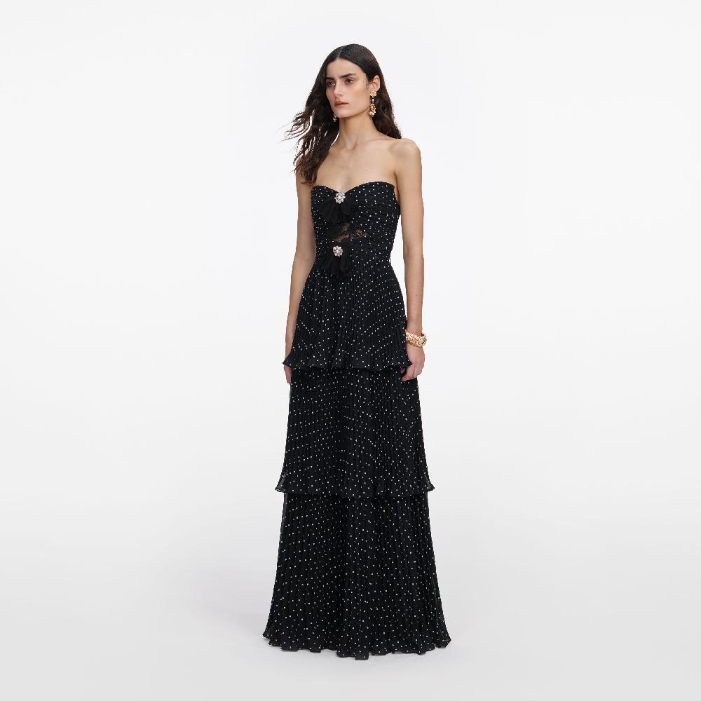 Self Portrait Black Polka Dot Tiered Maxi Dress CLOTHING