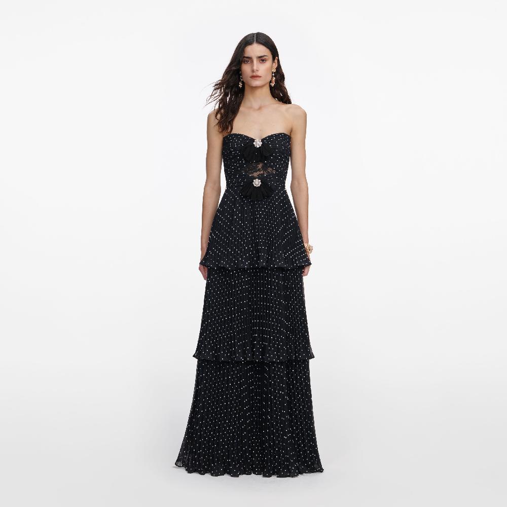 self portrait Black Polka Dot Tiered Maxi Dress CLOTHING