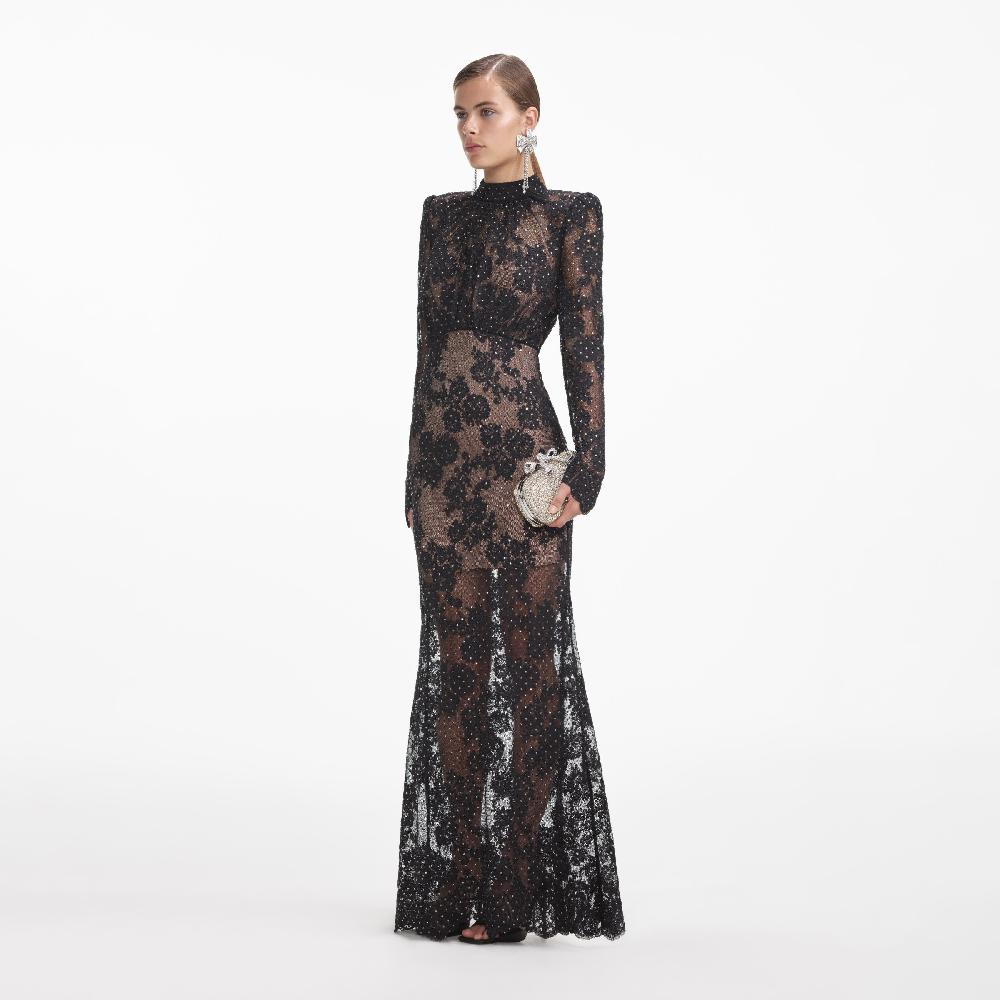 Self Portrait Black Rhinestone Lace Maxi Dress CLOTHING