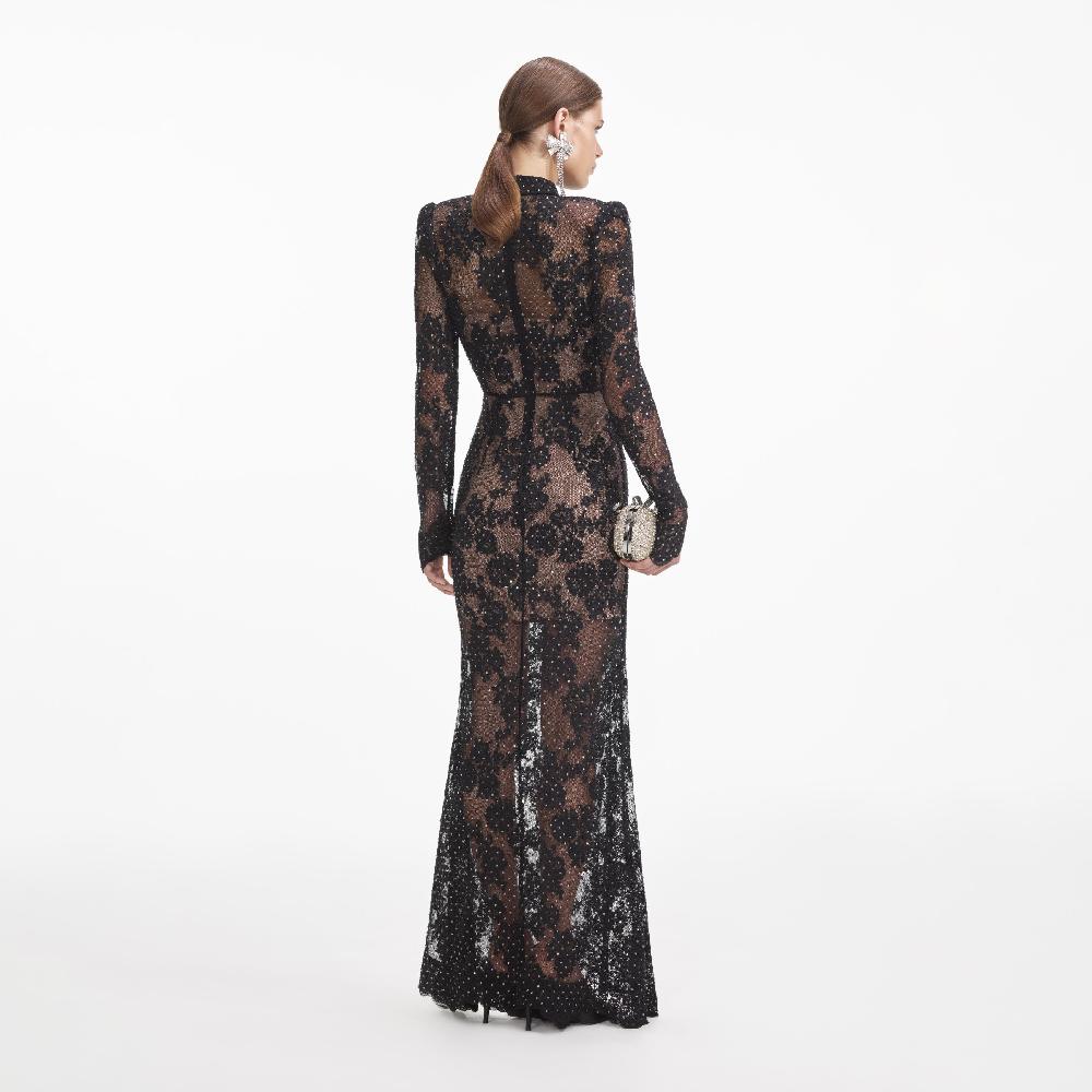 Self Portrait Black Rhinestone Lace Maxi Dress CLOTHING