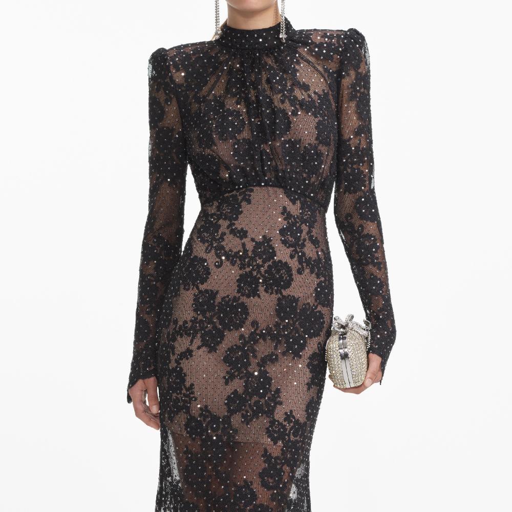 Self Portrait Black Rhinestone Lace Maxi Dress CLOTHING