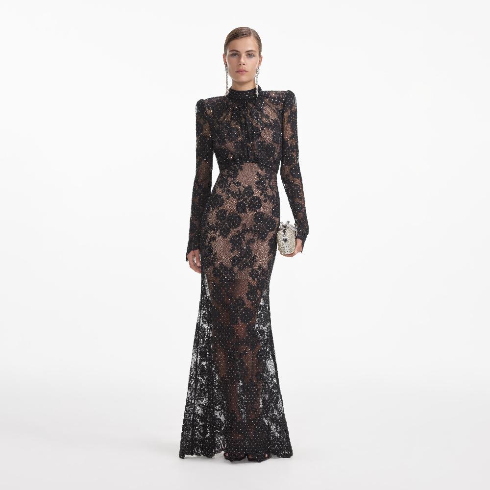 self portrait Black Rhinestone Lace Maxi Dress CLOTHING