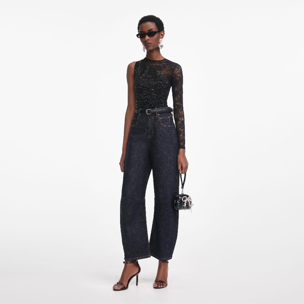 Self Portrait Black Rhinestone Lace Sleeve Top CLOTHING