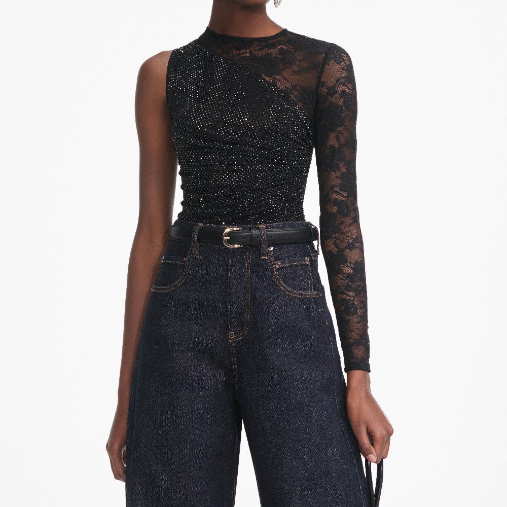 Self Portrait Black Rhinestone Lace Sleeve Top CLOTHING