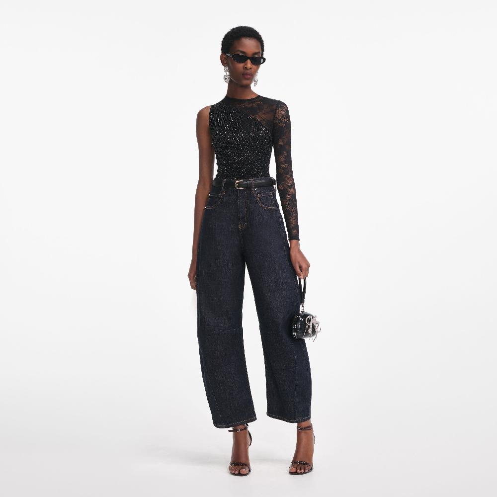 self portrait Black Rhinestone Lace Sleeve Top CLOTHING