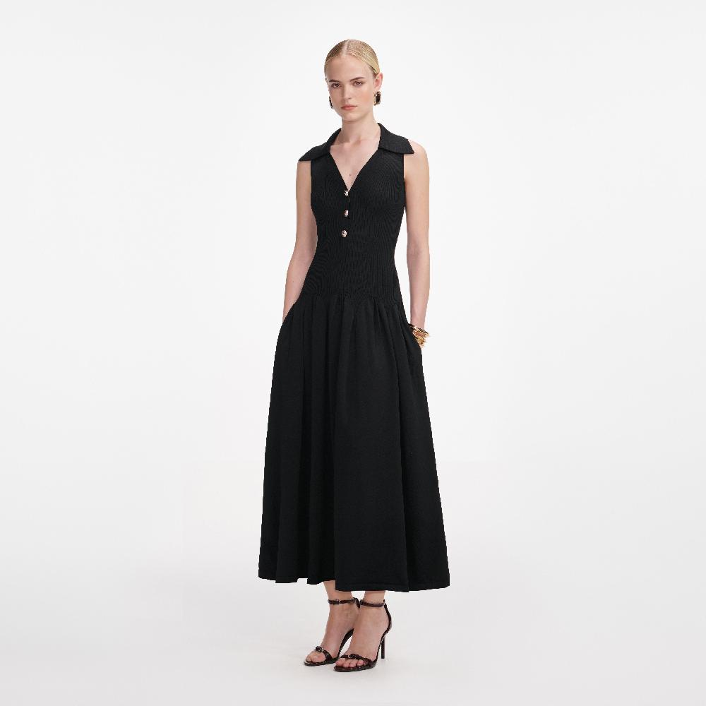 Self Portrait Black Ribbed Knit Midi Dress CLOTHING
