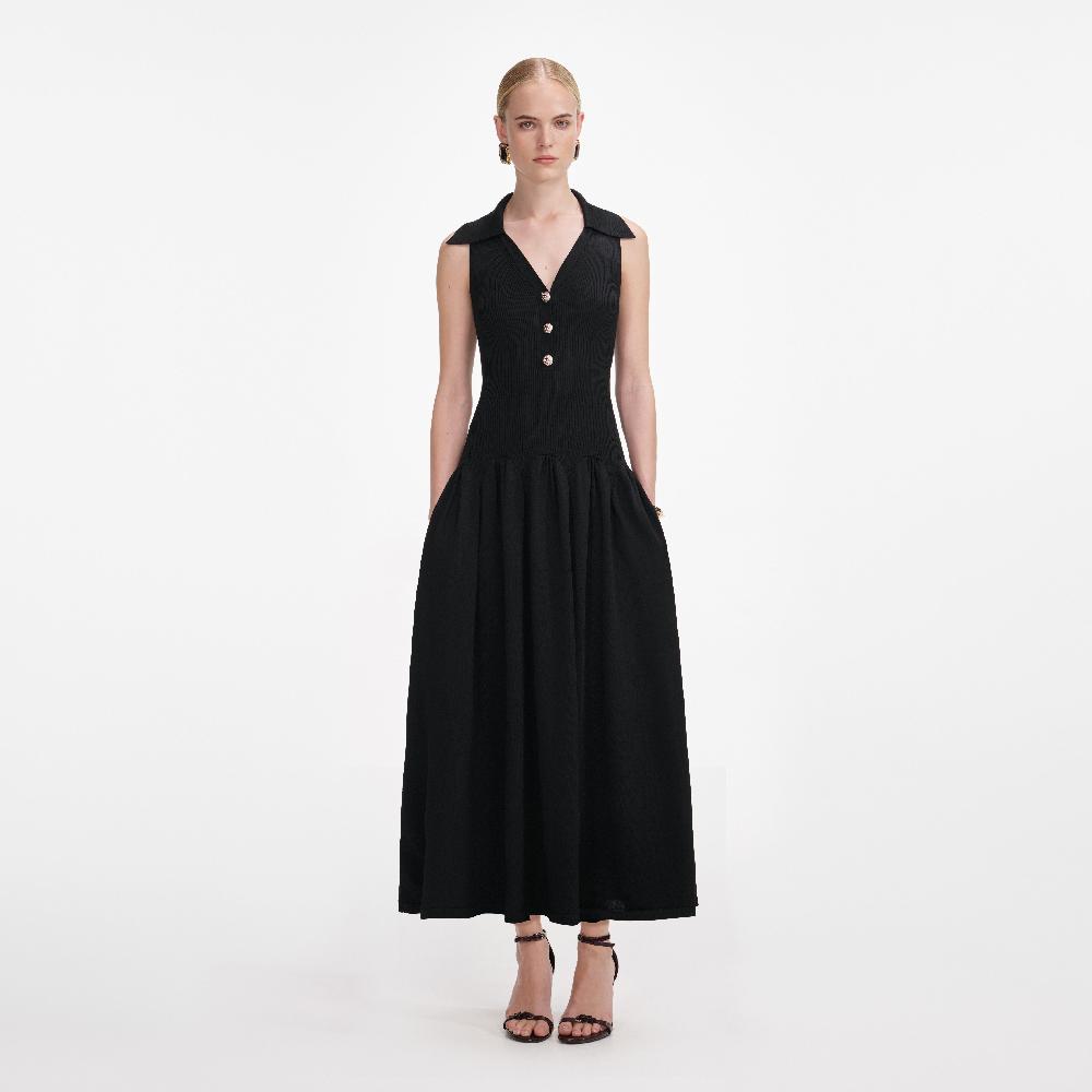 self portrait Black Ribbed Knit Midi Dress CLOTHING