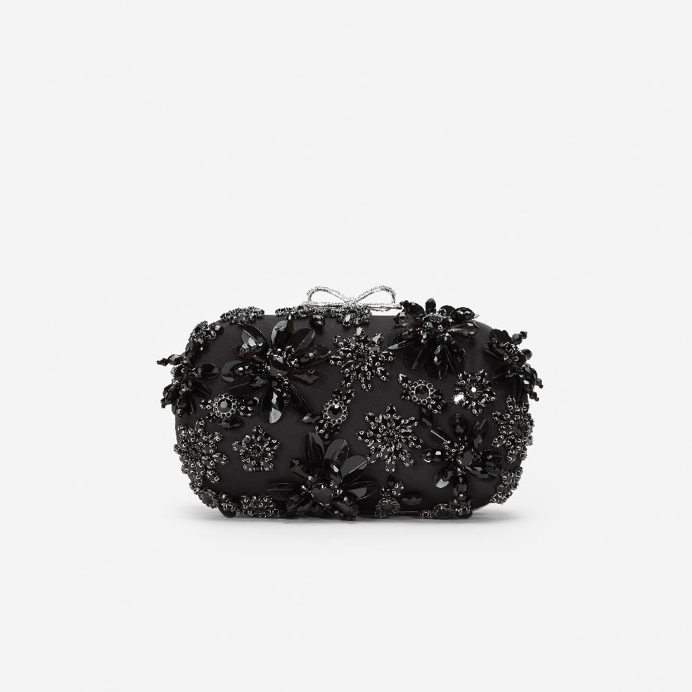 Self Portrait Black Satin Floral Crystal Clutch Bag BAGS