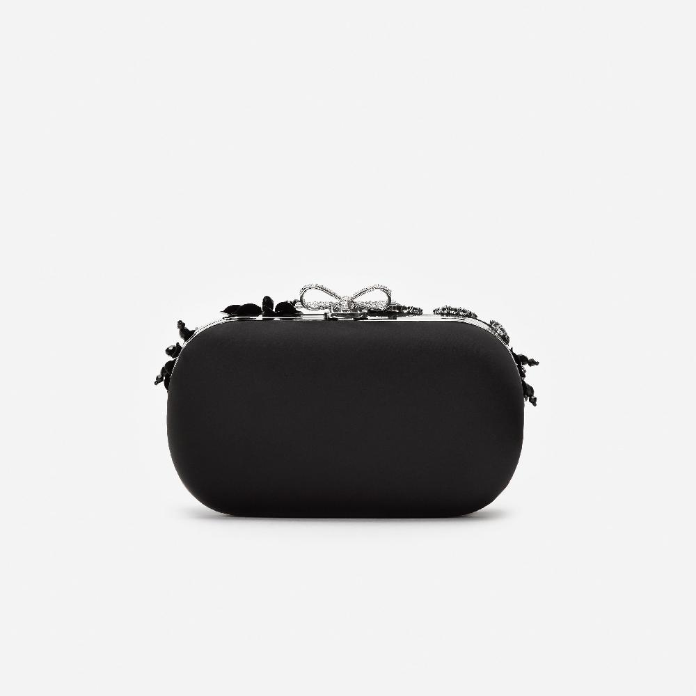 Self Portrait Black Satin Floral Crystal Clutch Bag BAGS