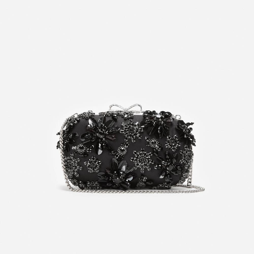 Self Portrait Black Satin Floral Crystal Clutch Bag BAGS