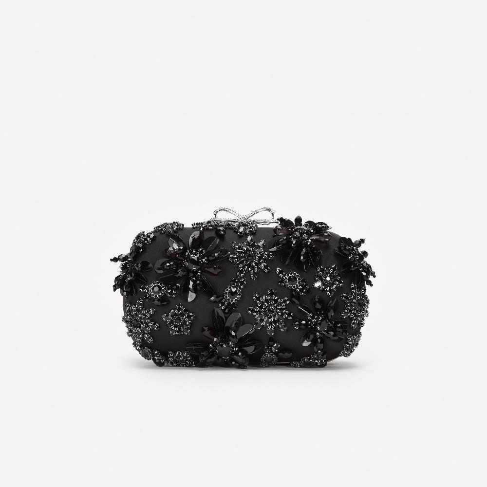 self portrait Black Satin Floral Crystal Clutch Bag BAGS