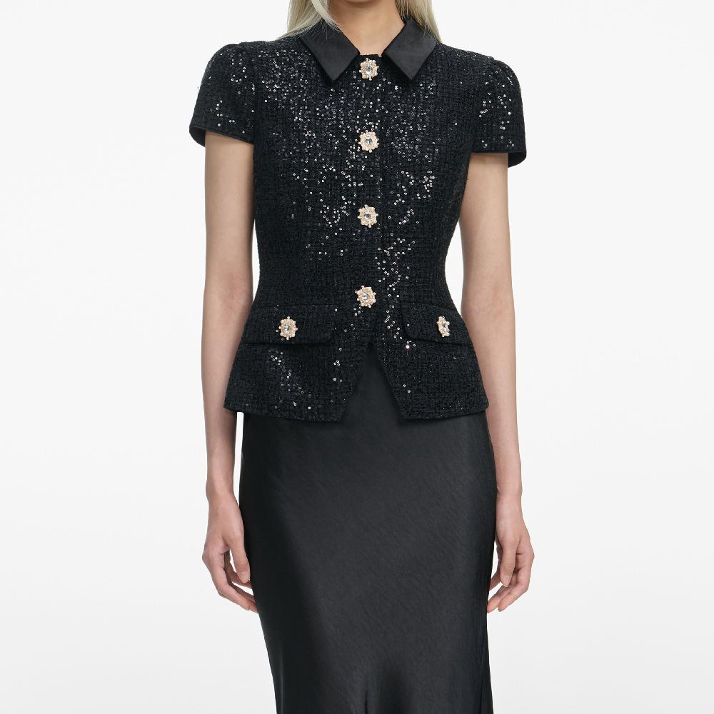 Self Portrait Black Sequin Boucle Satin Maxi Dress CLOTHING