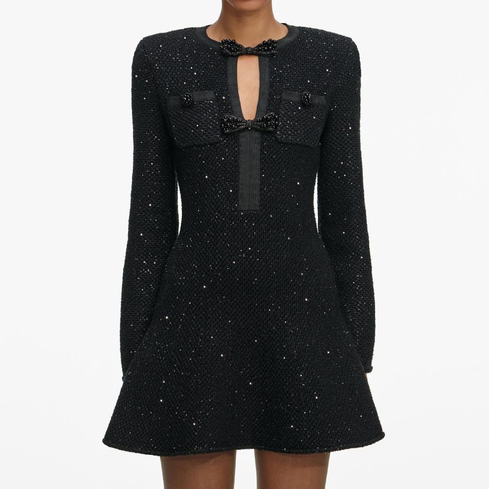 Self Portrait Black Sequin Knit Mini Dress CLOTHING