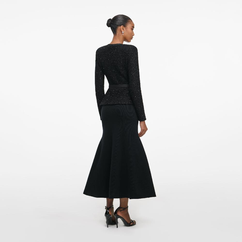 Self Portrait Black Sequin Knit Tailored Midi Dress CLOTHING