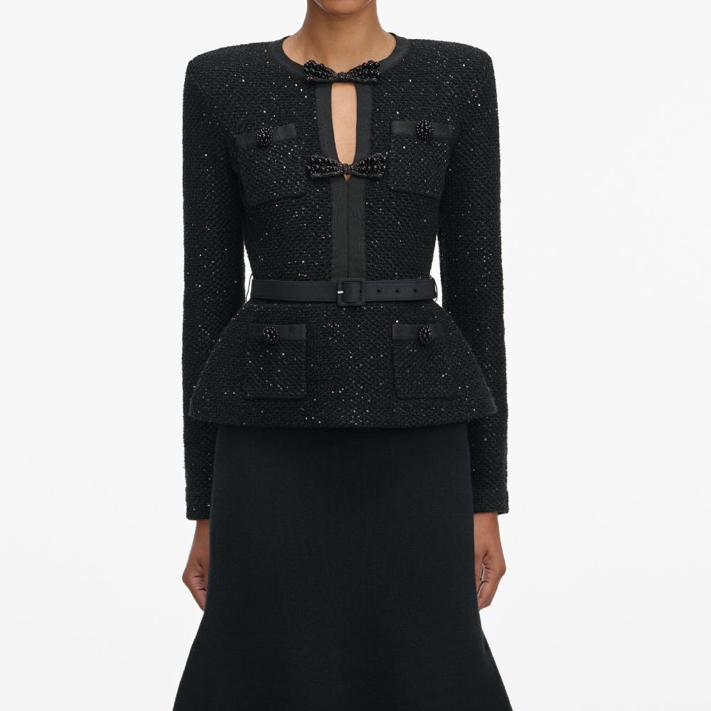 Self Portrait Black Sequin Knit Tailored Midi Dress CLOTHING