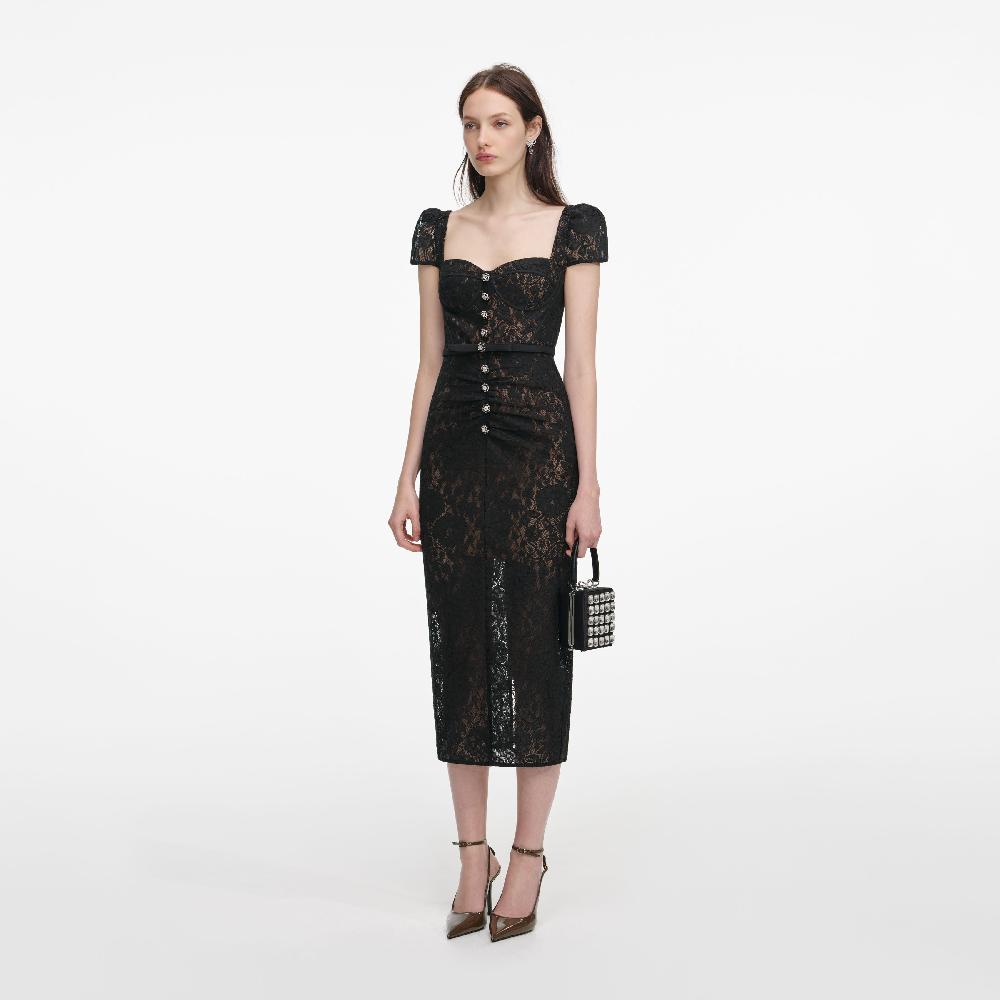 Self Portrait Black Sweetheart Lace Midi Dress CLOTHING