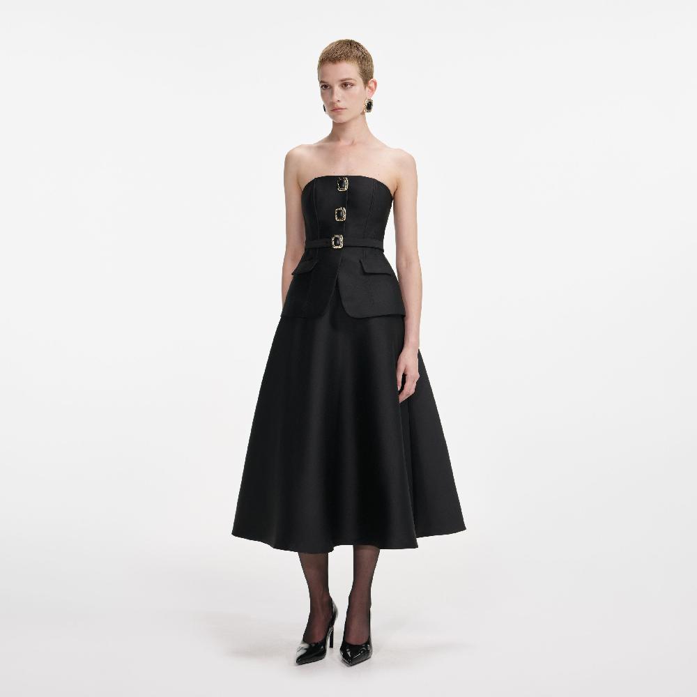 Self Portrait Black Taffeta Bandeau Midi Dress CLOTHING