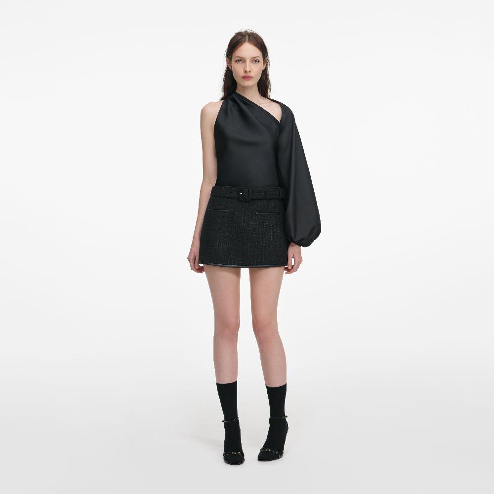 self portrait Black Taffeta Draped Sleeve Top CLOTHING