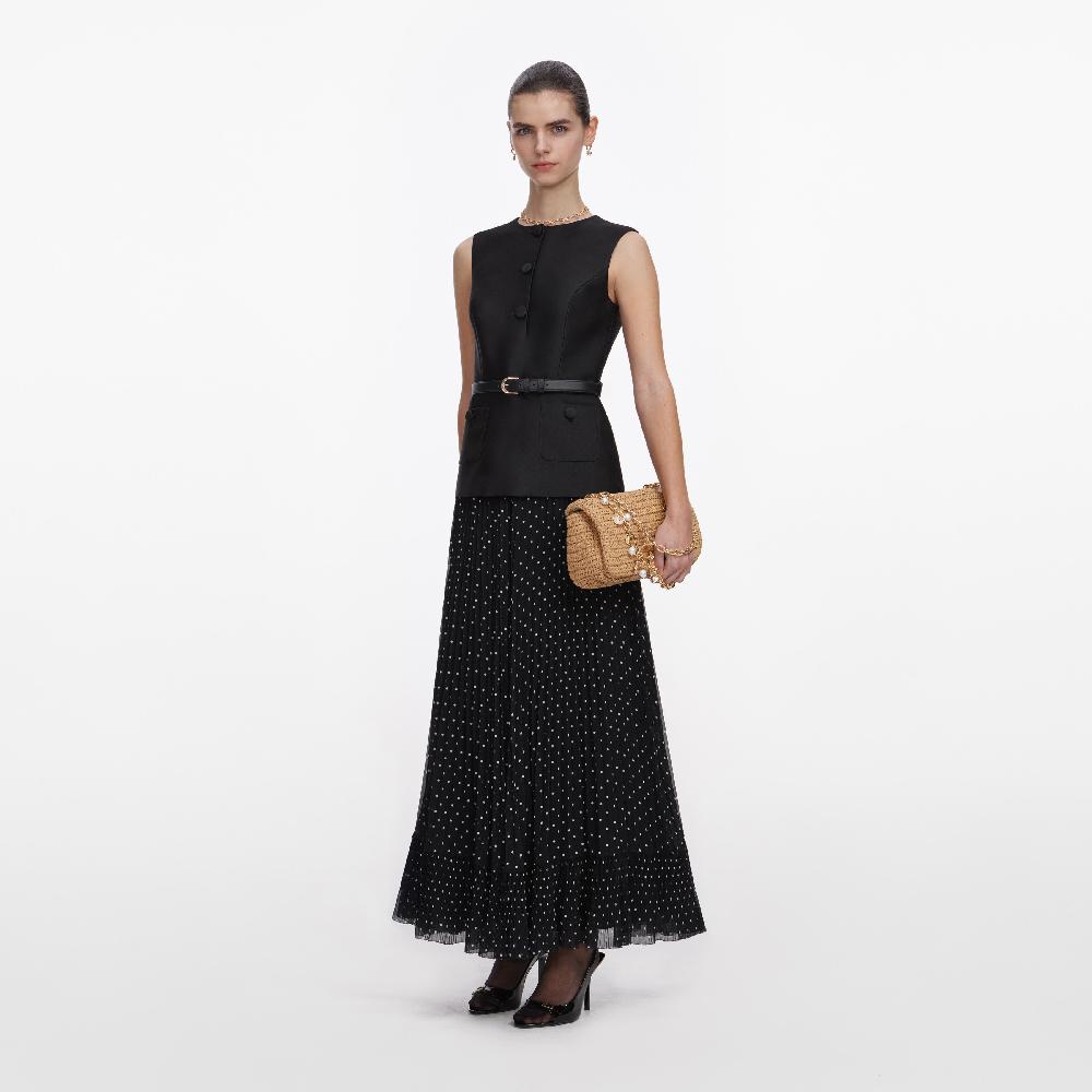 Self Portrait Black Taffeta Polka Dot Midi Dress CLOTHING