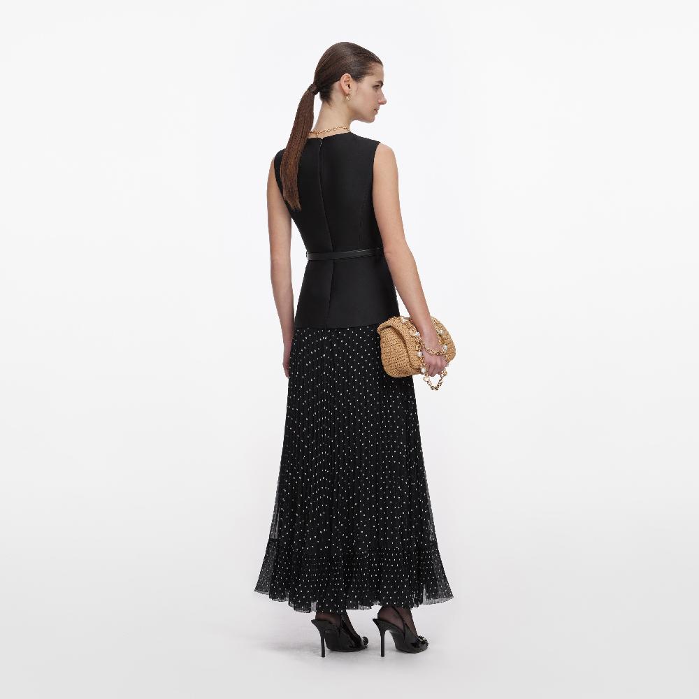 Self Portrait Black Taffeta Polka Dot Midi Dress CLOTHING