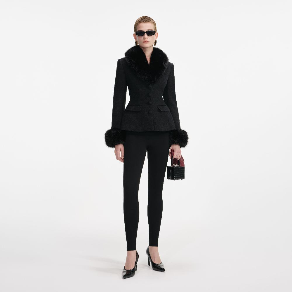 self portrait Black Tailored Boucle Fur Jacket CLOTHING