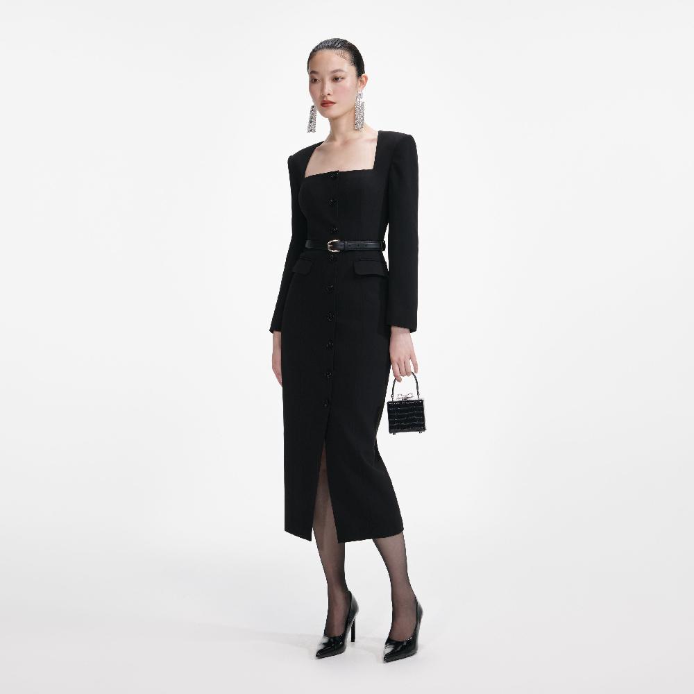 Self Portrait Black Tailored Crepe Midi Dress CLOTHING