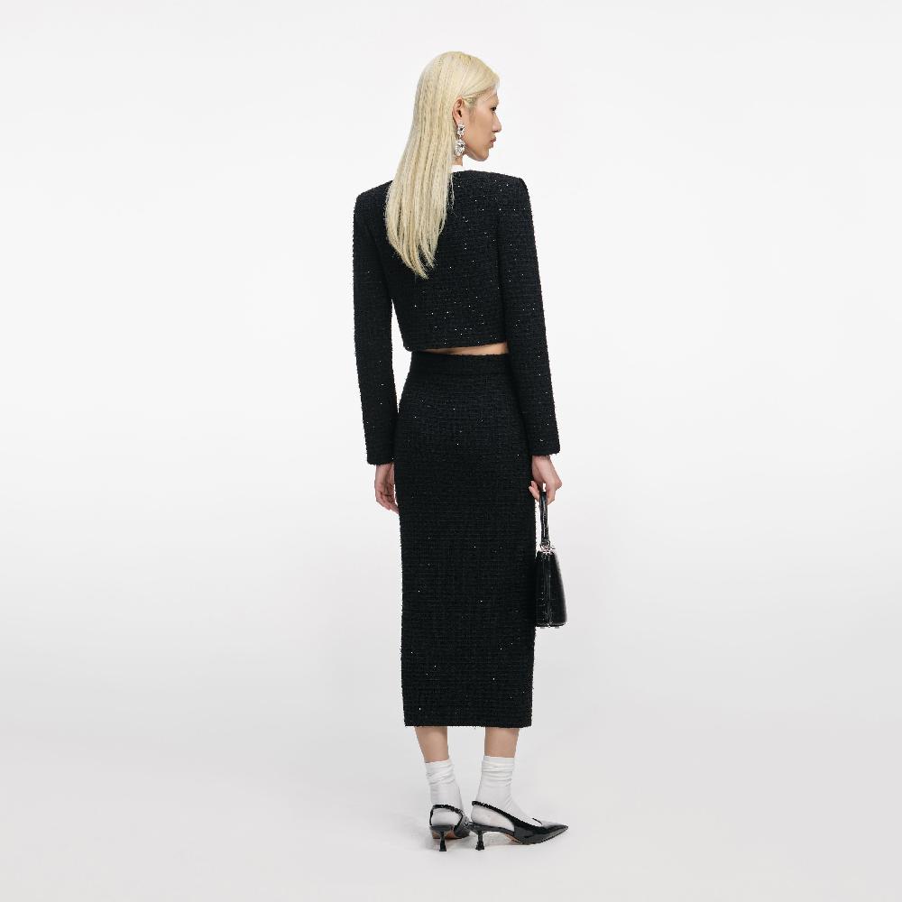 Self Portrait Black Textured Knit Midi Skirt CLOTHING