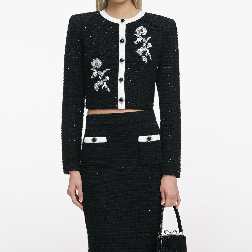 Self Portrait Black Textured Knit Midi Skirt CLOTHING