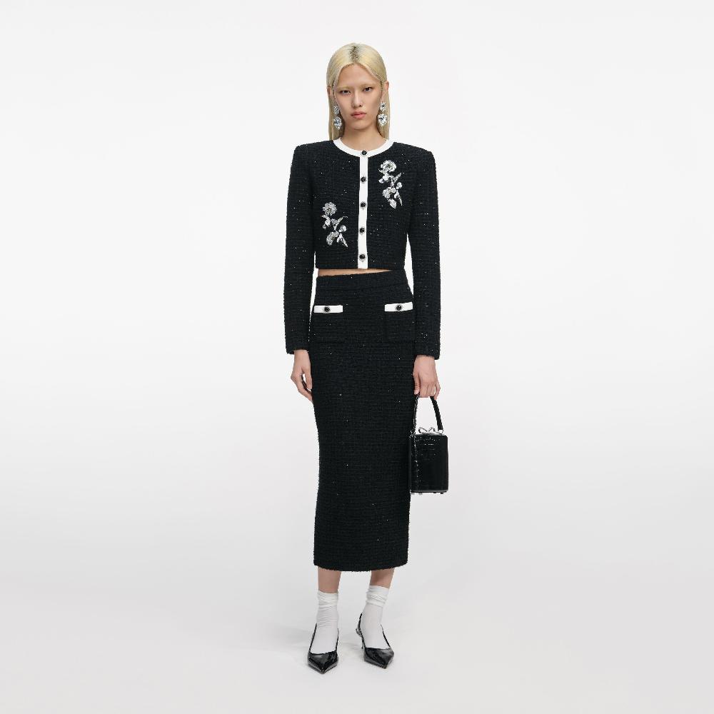 self portrait Black Textured Knit Midi Skirt CLOTHING