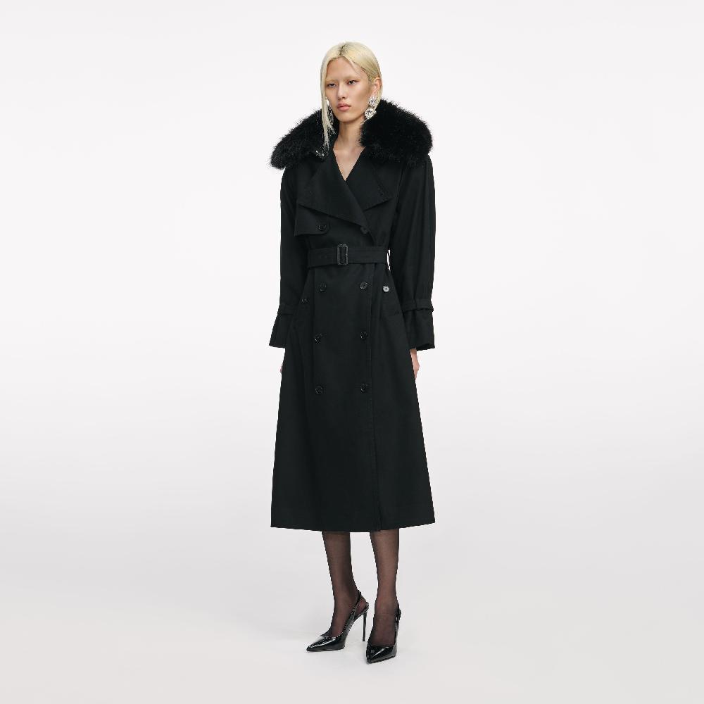 Self Portrait Black Twill Fur Collar Trench Coat CLOTHING