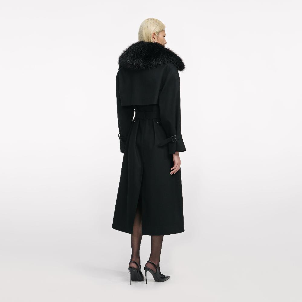 Self Portrait Black Twill Fur Collar Trench Coat CLOTHING