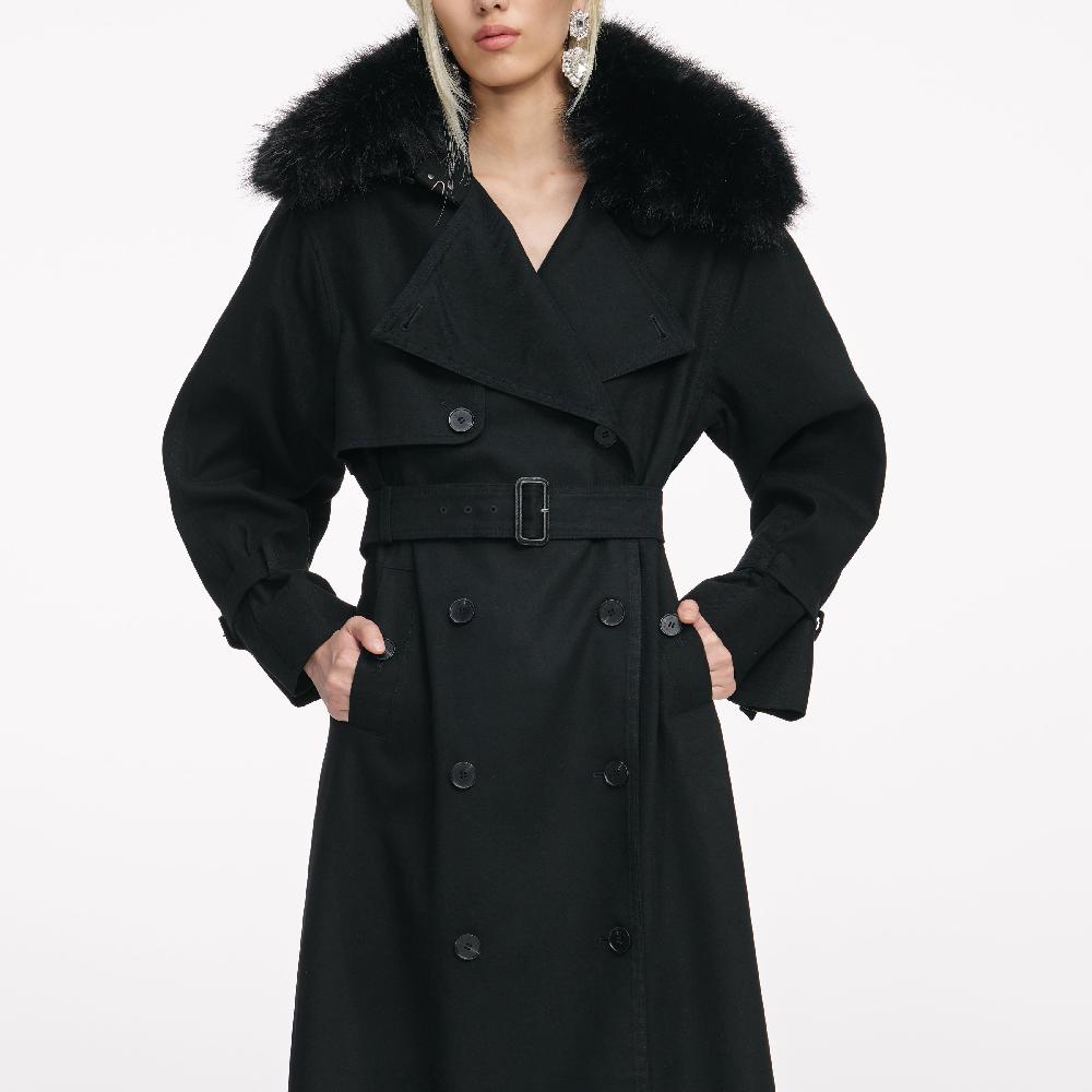 Self Portrait Black Twill Fur Collar Trench Coat CLOTHING