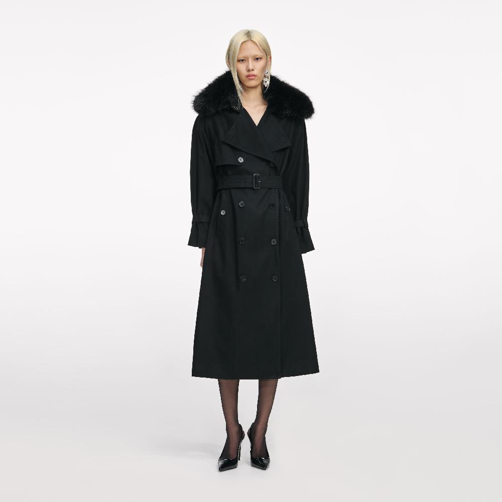self portrait Black Twill Fur Collar Trench Coat CLOTHING