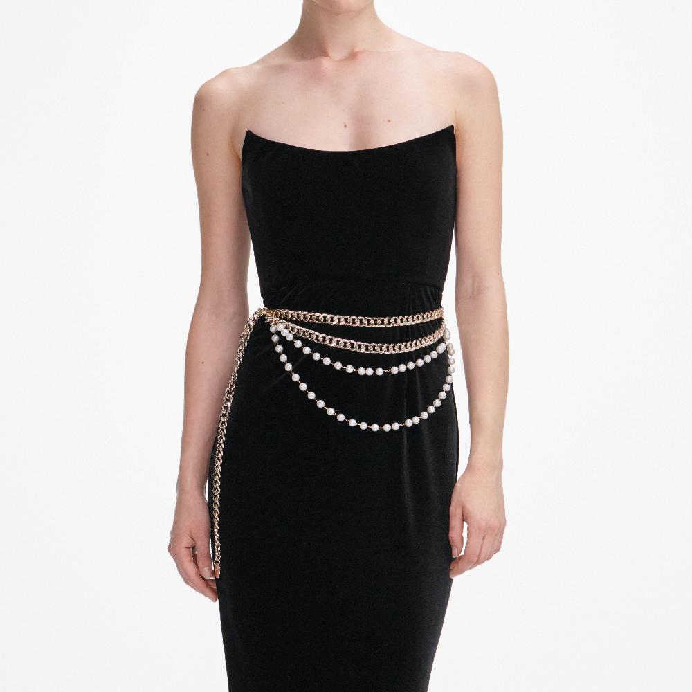 Self Portrait Black Velvet Chain Belt Maxi Dress CLOTHING