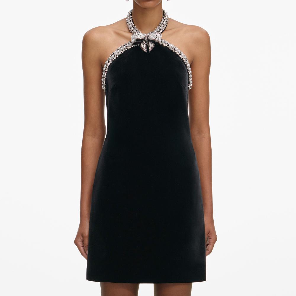 Self Portrait Black Velvet Crystal Trim Mini Dress CLOTHING