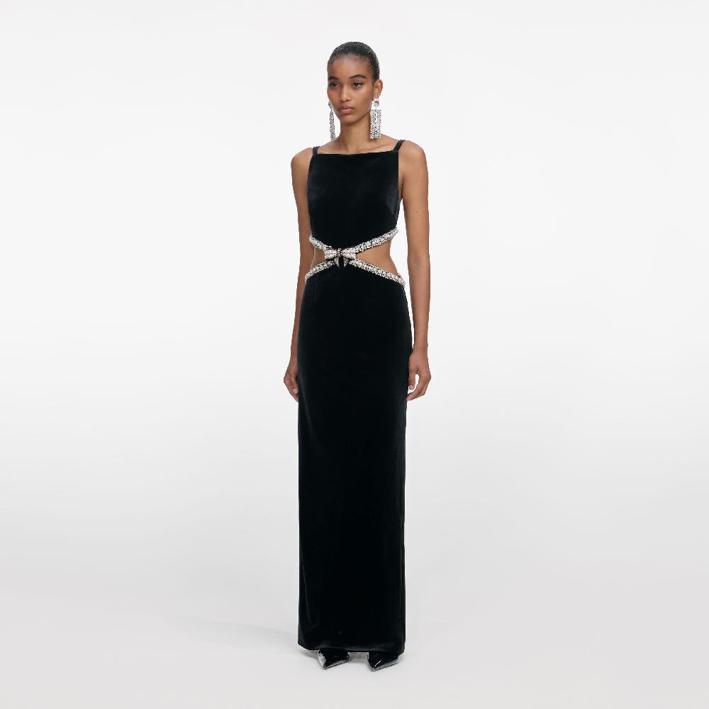 Self Portrait Black Velvet Cut Out Maxi Dress CLOTHING