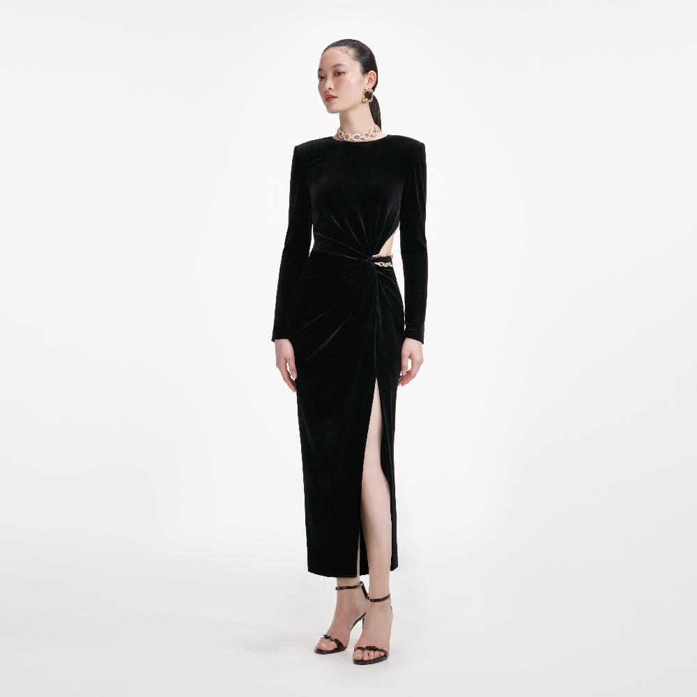 Self Portrait Black Velvet Embellished Midi Dress CLOTHING
