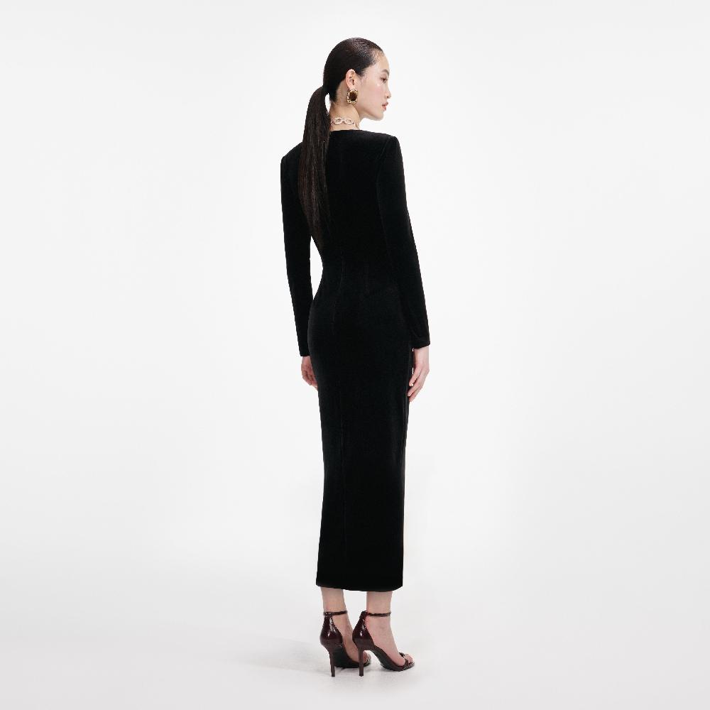 Self Portrait Black Velvet Embellished Midi Dress CLOTHING